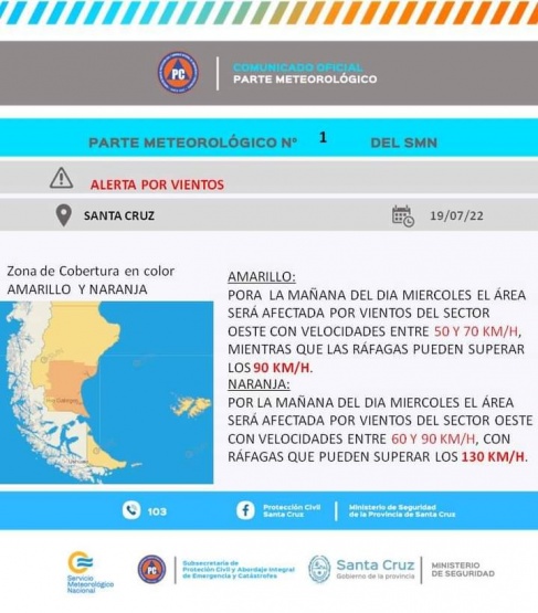 Alerta amarilla y naranja por viento en Santa Cruz