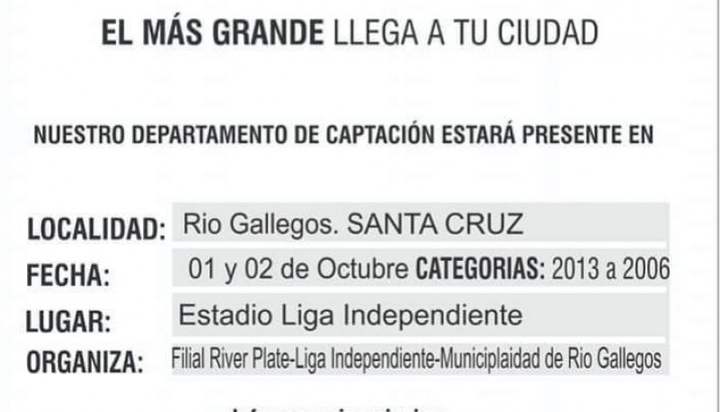 Los captadores buscarán jugadores en la ciudad de Río Gallegos.