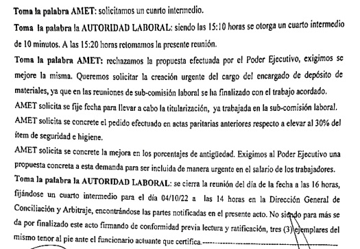 Acta de la anterior reunión en ministerio de Trabajo 