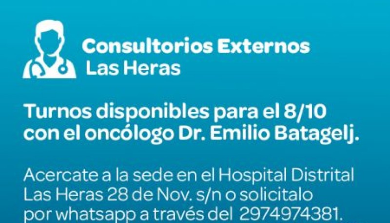 Se encuentran disponibles, este viernes y sábado, turnos de oncología en Consultorios externos de Zona Norte