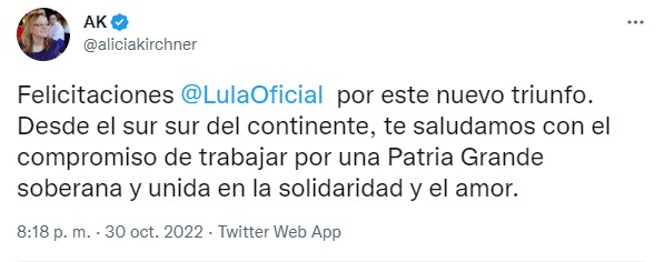 La gobernadora saludó a Lula tras conocerse los resultados de las elecciones en Brasil. 