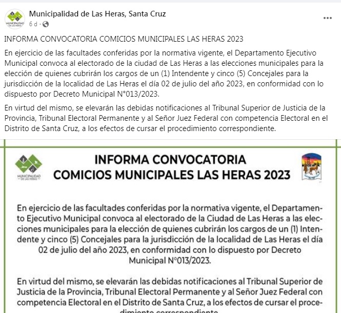 Convocatoria informada por el municipio de Las Heras en redes sociales. 