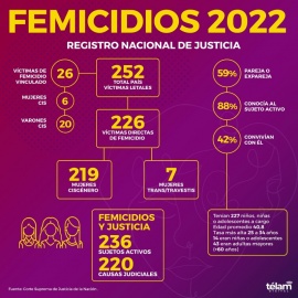 En 2022 hubo 252 femicidios en todo el país, uno más que en 2021