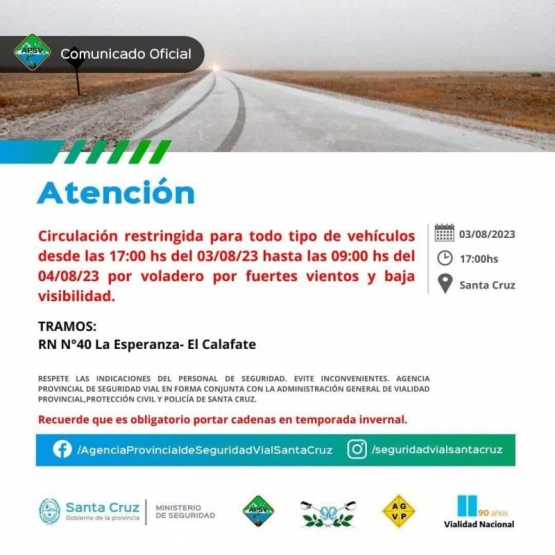 Circulación restringida para todo tipo de vehículos en el tramo La Esperanza-El Calafate
