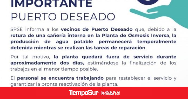 SPSE trabaja en la reparación de la Planta de Ósmosis Inversa de Puerto Deseado