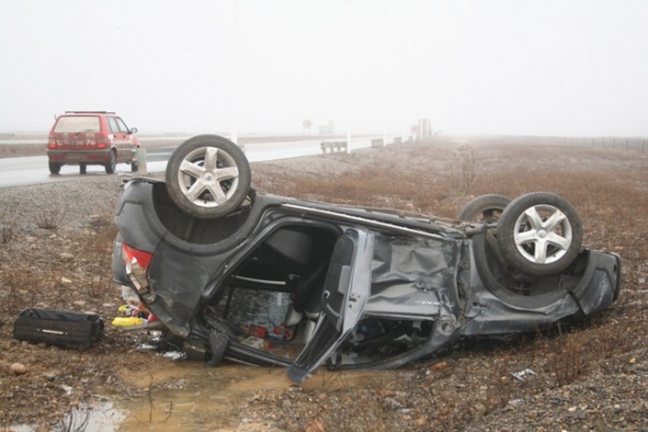 El automòvil volcado a un costado de la autovía (Foto: C.G.) 