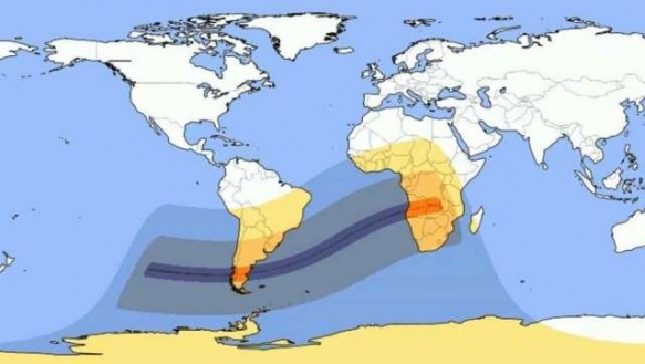 Zona donde de penumbra y umbra del eclipse solar del 26 de febrero de 2017 (Timeanddate.com)