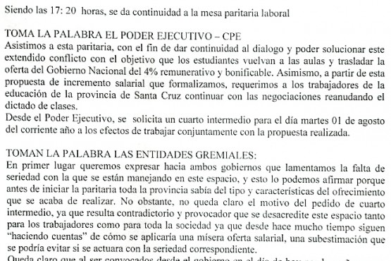 La paritaria pasó a un cuarto intermedio para el martes 1° de agosto. 