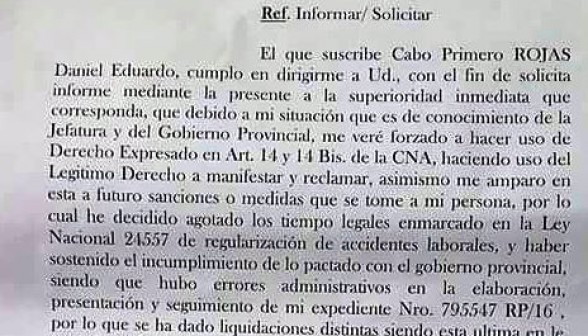 Nota entregada por el Cabo Primero Rojas a su superior directo. 