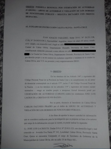 DENUNCIA PENAL CONTRA EX SECRETARIOS Y EL INTENDENTE DE CALETA OLIVIA